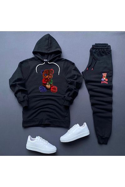 NewCabin New Season Barrow Printed Slim Fit Hooded Cotton Hoodie - Βαμβακερή φόρμα με ραβδώσεις, 2 τεμαχίων