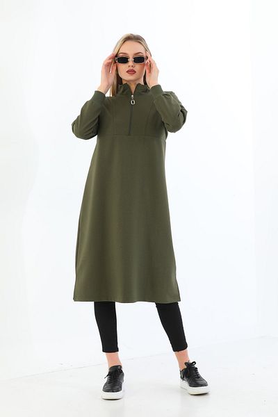 Elif Okur Hijab Long Tunic Half Zipper 110cm Khaki 1224