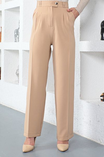 Modamihram Wide Leg Fabric Trousers Beige 6056