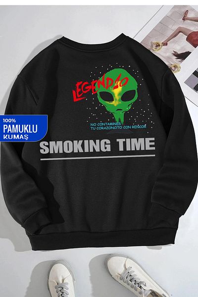 DE PLEIN Oversize Unisex X Smoking Time Black Printed Cotton Sweatshirt