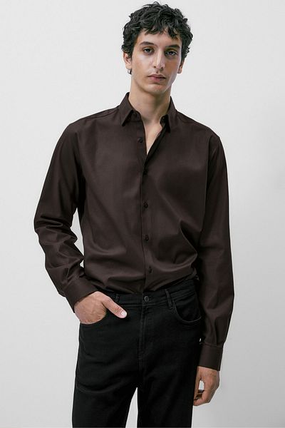 alenmeza Men's Dark Brown 100% Cotton Satin Non-iron Ironing Casual Pocketless Modern Fit Shirt