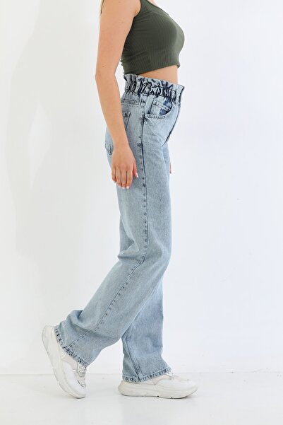 BİKELİFE Women's Light Blue Snow Wash Elastic Waist High Waist Wide Leg Palaz...