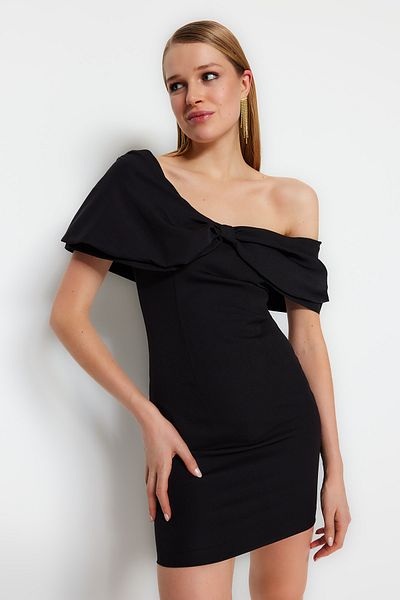 Trendyol Collection Μαύρο κοντό, κομψό, υφαντό βραδινό φόρεμα - TPRSS23EL00188
