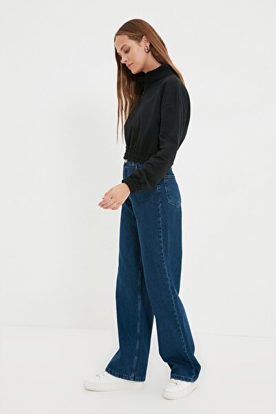 Livik Charlotte Blue Inchis Lycra cu talie super inalta Jean cu picior lat Blugi largi cu picioare late