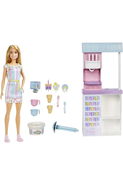 Barbie Dondurma Dükkanı Oyun Seti, 30 Cm Sarışın Bebek, 2 Kutu Oyun Hamuru, 2 Kase, 2 Külah, 3 Dekor