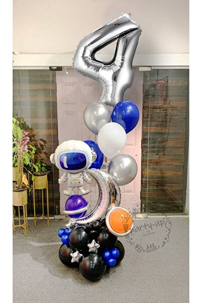 PARTİAVM Little Astronaut Rocket Space Themed Silver Number Balloon Welcome Set