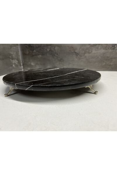 Modestmar Natural Stone Black Round Presentation Plate Silver Foot