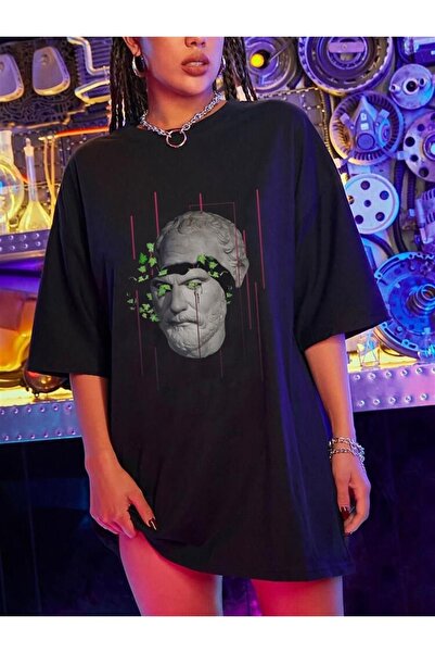 Touz My Vision Sculpture Art & Leaves Black Unisex Oversize T-shirt