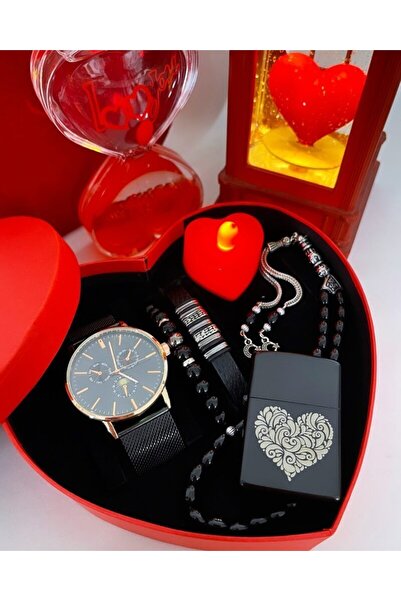Has Siyah Rose Çakmak Tesbih Kalp Mumlu Hediye Kalp Erkek Saat Set Kutu
