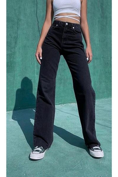 Livik Women's Luda Solmaz Black Lycra Wide Leg Jean - Loose Denim Trousers