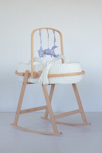 Babycom Naturel Ahşap Çemberli Beşik Standı + Kırık Beyaz Örgü Sepet + Kumaş ...