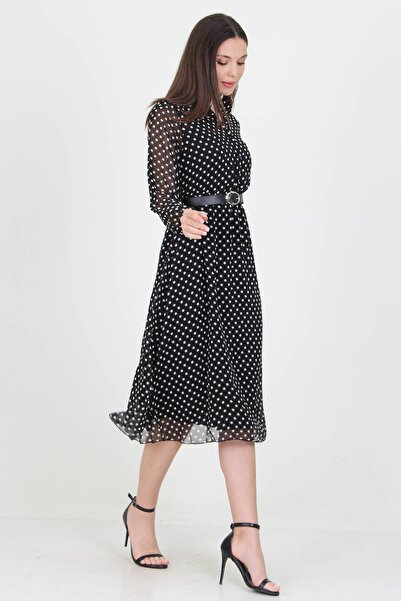 Neşeli Butik Dámský košilový límec s páskem a knoflíkem Puntíkaté šifonové šaty Rssn01