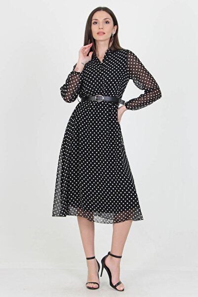 Neşeli Butik Dámský košilový límec s páskem a knoflíkem Puntíkaté šifonové šaty Rssn01