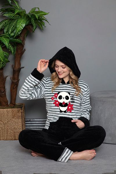 Lady Set de pijamale Wellsoft cangur cu imprimeu panda neagră
