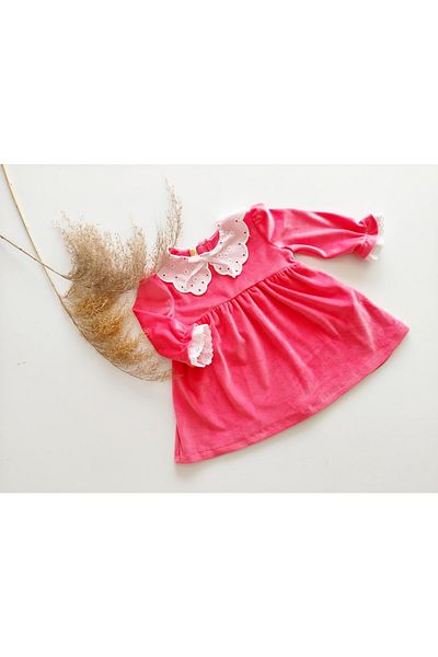 eladamoda Scallop Collar Sleeve Scallop Detail Salmon Color Velvet Girl's Dress