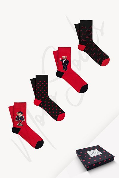 Mono Socks Чорапи за Свети Валентин с плюшено мече от 4 части с подаръчна кутия