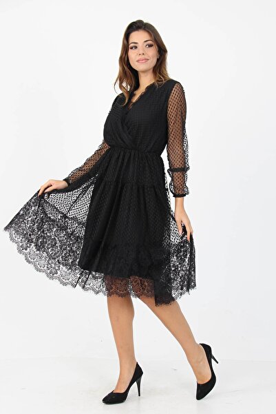 Neşeli Butik Γυναικεία μαύρη τούλινη φούστα με διπλό γιακά με δαντέλα Λεπτομερή φόρεμα νέας σεζόν Apcx39