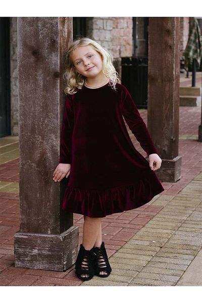 ASIA GİYİM Girl's Christmas - New Year's Burgundy Ruffle Velvet Dress
