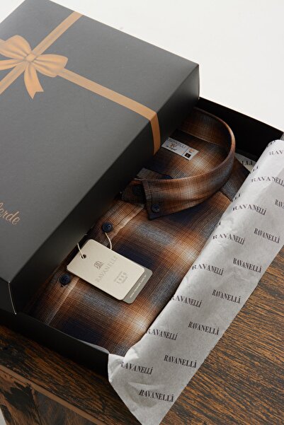 RAVANELLI Vessmen Navy Blue Checked Slimfit Boxed 100% Cotton Long Sleeve Men's Shirt