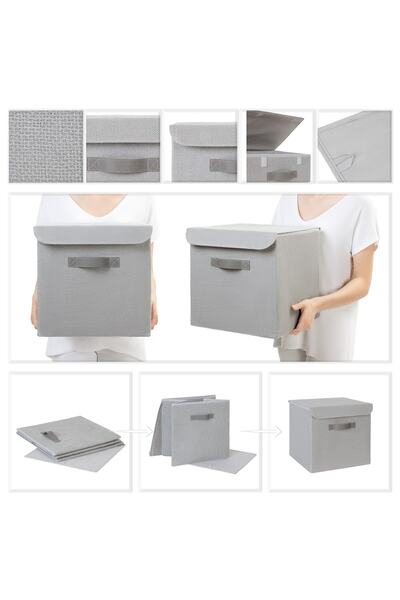 Ocean Home Textile 2 Pieces Gray Closet Laundry Toy Organizer - Jute Lid, Folding Storage Box, 30x30x30