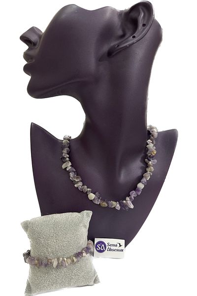 sema aksesuar Amethyst Necklace Bracelet Set - Natural Stone Jewelry - Amethyst Broken Natural Stone Jewelry Set - Set of 2