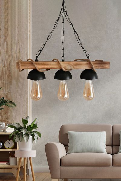 RSCOLLECTIONS Wooden Rustic Wooden Chandelier with 3 Ropes