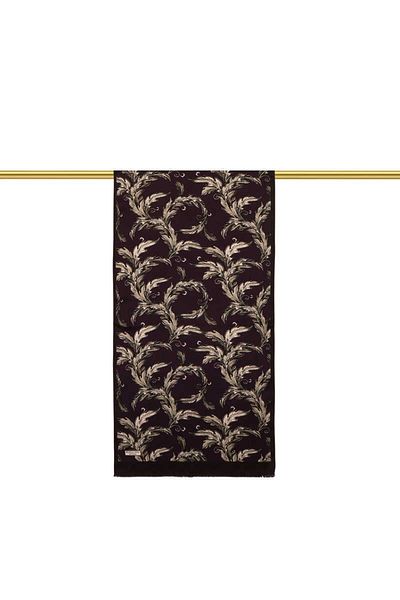 Bursa İpek Dark Plum Leaf Pattern Silk Scarf