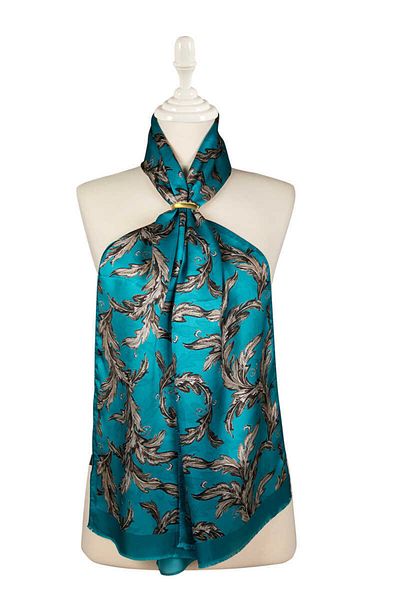 Bursa İpek Petrol Green Leaf Pattern Silk Scarf