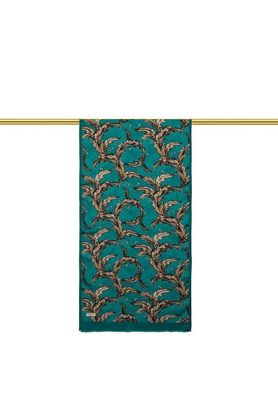 Bursa İpek Petrol Green Leaf Pattern Silk Scarf