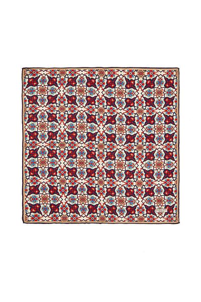 Bursa İpek Navy Blue Red Tile Spiral Pattern Silk Handkerchief