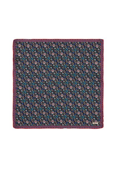 Bursa İpek Navy Blue Red Ivy Tulip Pattern Silk Handkerchief