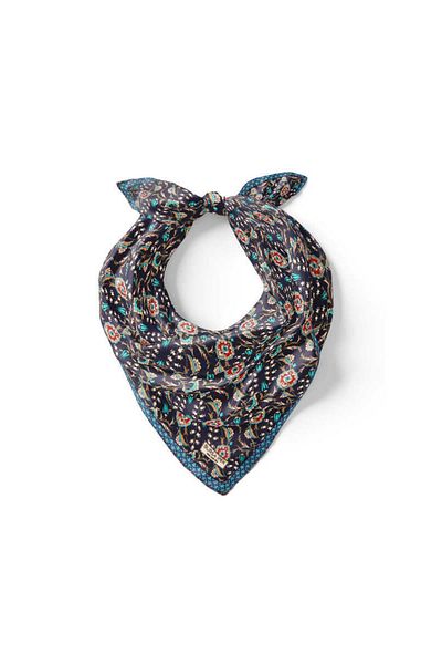 Bursa İpek Navy Blue Turquoise Ivy Tulip Pattern Silk Handkerchief