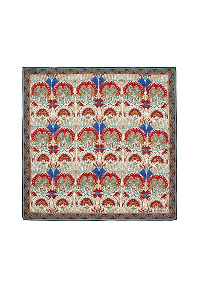 Bursa İpek Ecru Mint Peacock Pattern Silk Handkerchief