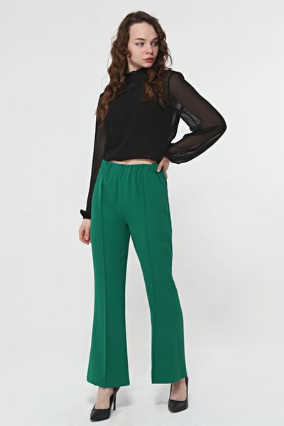 MD trend Women's Green Elastic Waist Flared Leg Trousers with Stitching Detail on the Front