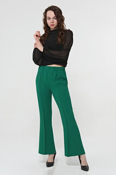 MD trend Women's Green Elastic Waist Flared Leg Trousers with Stitching Detail on the Front