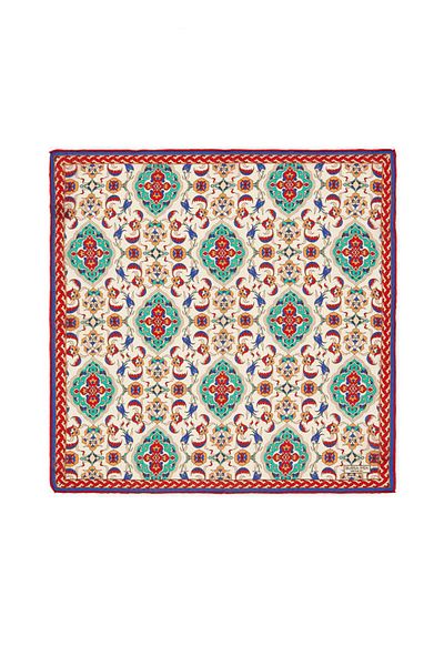 Bursa İpek Ecru Turquoise Tile Tulip Pattern Silk Handkerchief