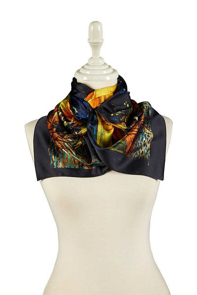 Bursa İpek Navy Blue Cafes Street Silky Scarf