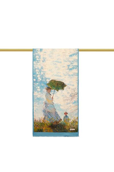 Bursa İpek Women's Silk Painting Scarf with Blue Umbrella