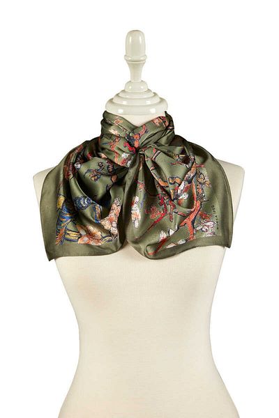 Bursa İpek Khaki Silky Scarf - Almond Flower Design