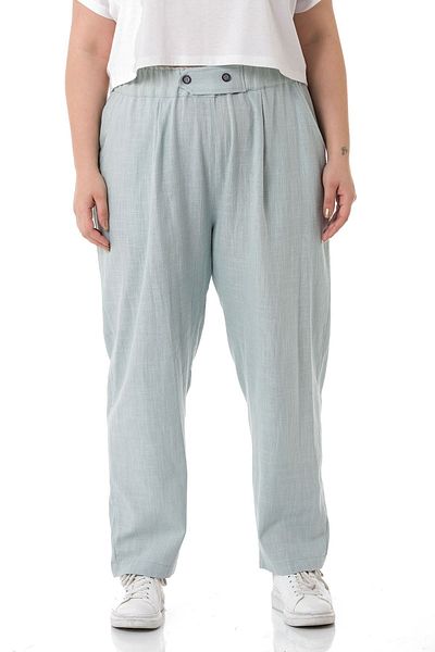 DISENTIS MODEST Large Size Linen Water Green Trousers with Pleated Front Pockets and Ornamental Plackets
