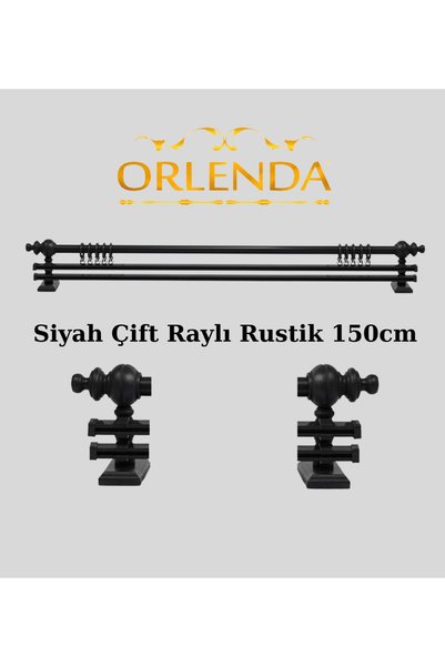 Orlenda Siyah Ahşap Başlıklı Alminyum Boru Rustik Perde Askısı Çift Raylı 150 Cm