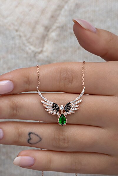 Nereze 925 Ayar Gümüş Rose Yeşil Damla Taşlı Melek Kanadı Kolye