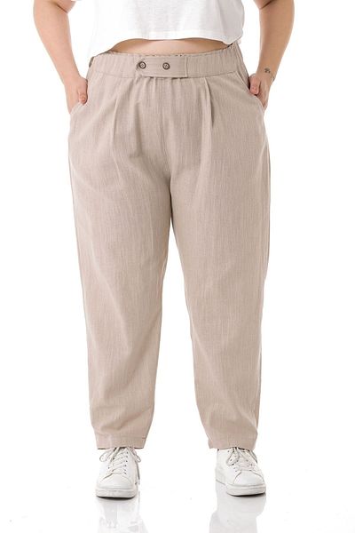DISENTIS MODEST Large Size Linen Beige Trousers with Pleated Front Pockets and Ornamental Plackets