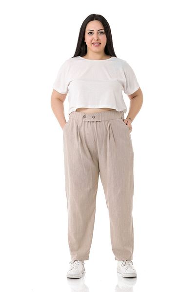 DISENTIS MODEST Large Size Linen Beige Trousers with Pleated Front Pockets and Ornamental Plackets