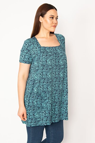 Şans Women's Large Size Green Collar Gipe Rubber and Pocket Detailed Tunic 65n32938