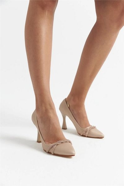 Anıl Ayakkabı Afra Pantofi de rochie de seara din satin lucios din piele de dama cu piatra curbata 9 Cm