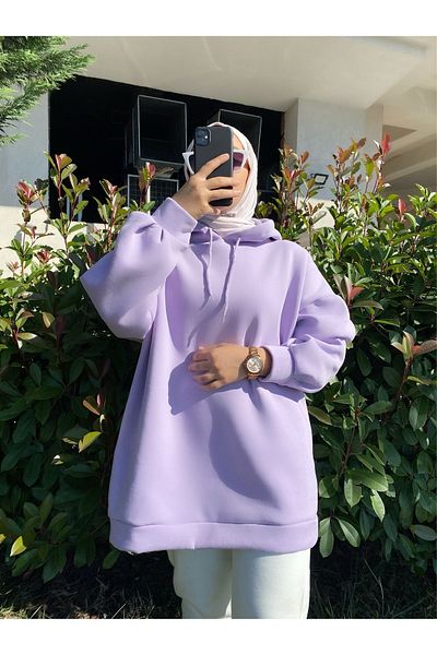 modabetce Extra Oversize Basic Lilac 3 Thread Cotton Raised Women's Sweatshirt