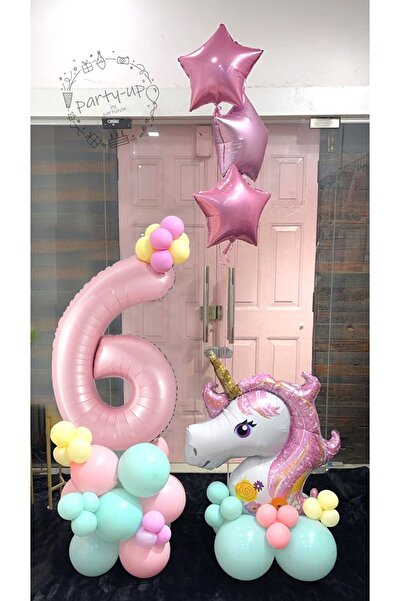 PARTİAVM Unicorn Balon Seti Pembe Rakam Balonlu Unicorn Temalı Doğum Günü Kar...