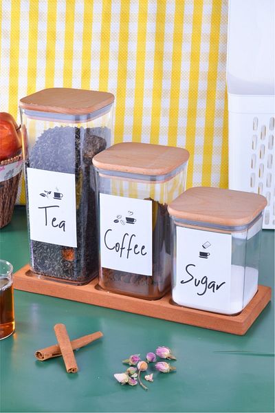 Sezka Life 3 Sizes Wooden Vacuum Lid with Stand Tea Sugar Salt Storage Container Organizer with Label