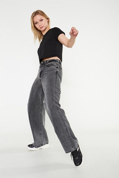 Trn JNS Woody Smoked Palazzo Power Lycra Women's High Waist Loose Leg Loose Jeans